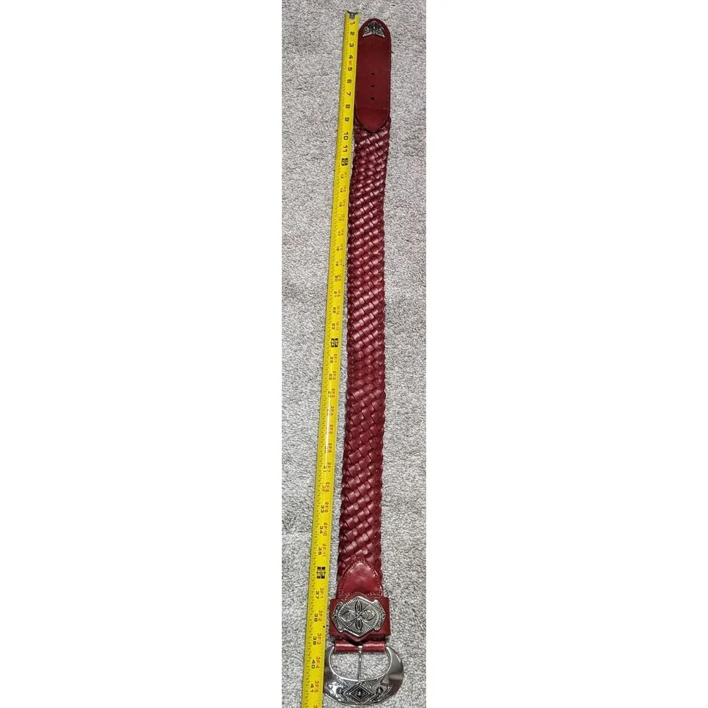 Belt‎ L Red Woven Leather Western Braided Silver Buckle Wide Boho Cowboy Unisex